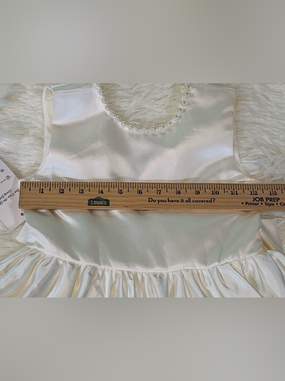 Ivory/Off White Satin Flower Girl Dress Pearl Trim Bow Back V Neck Size 8 - Picture 12 of 16